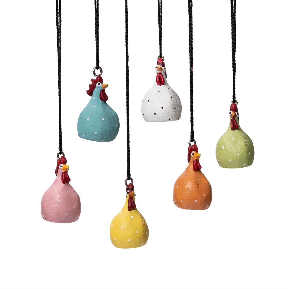 Nääsgränsgården - Hængende Høne 4 cm - 6stk i mixede farver - pink, hvid, turkis, gul, orange, grøn