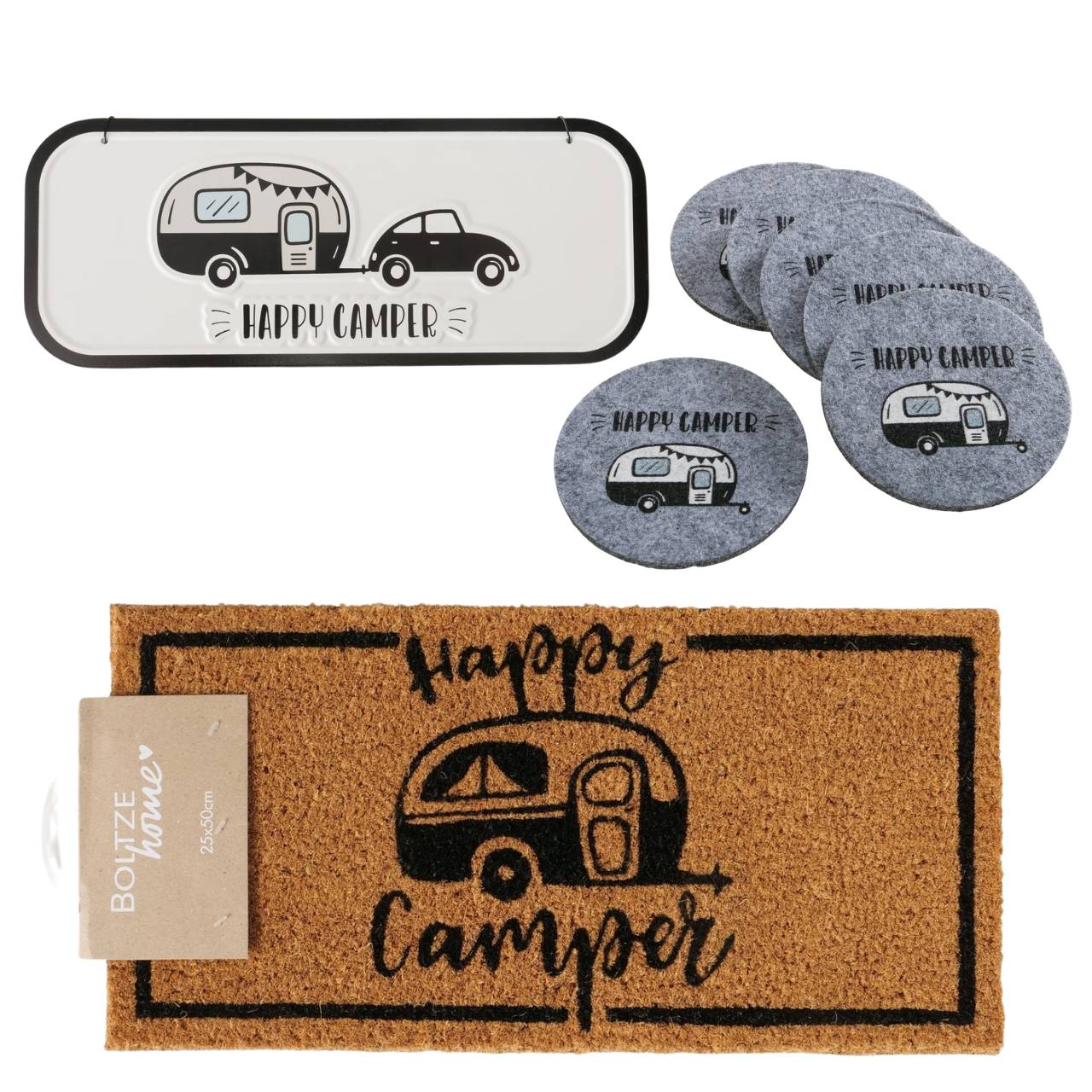 Camping sæt Happy Camper Dørmåtte, glasbrikker og metalskilt