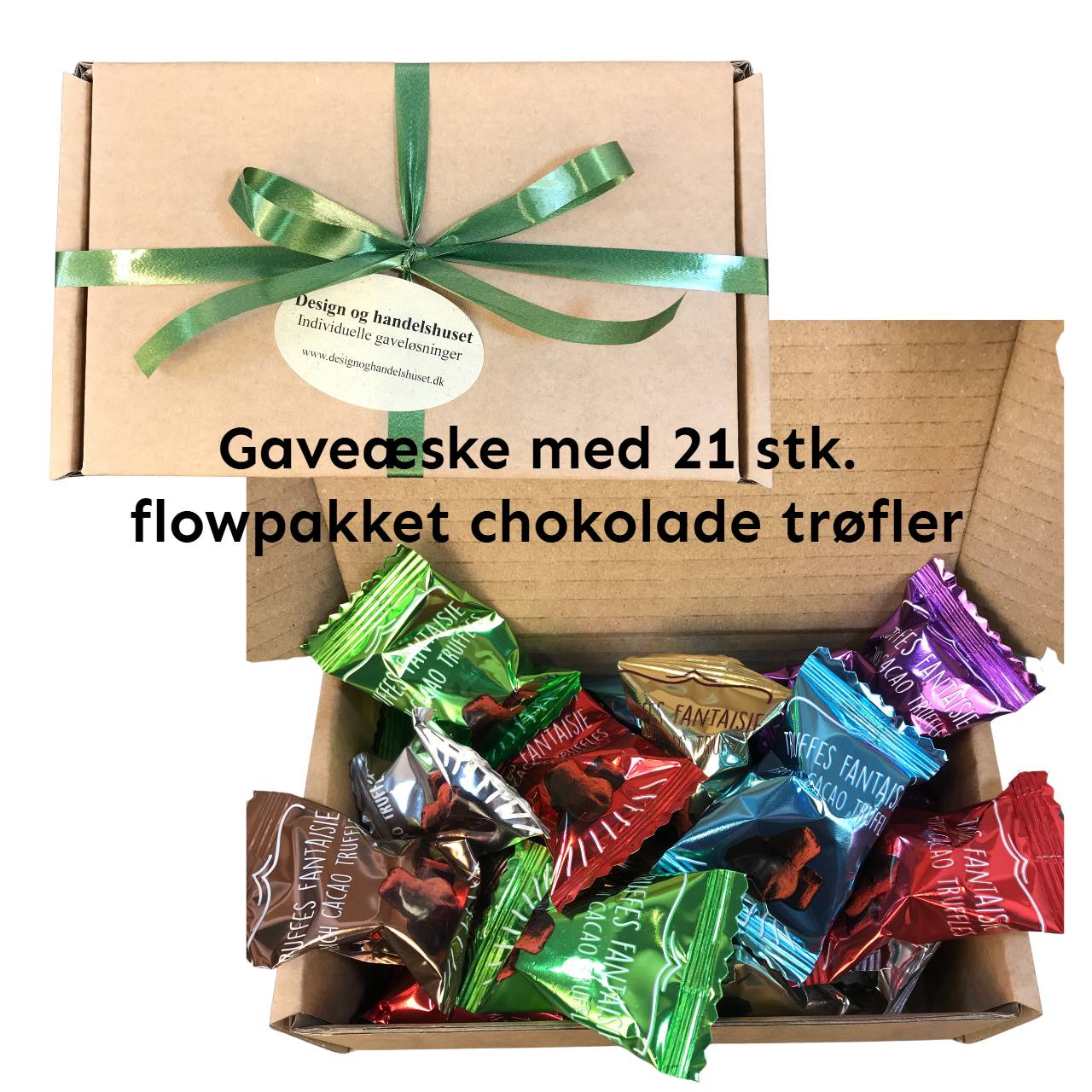 Gaveæske med chokolade trøfler 21 stk. Delbar gave til 80,-