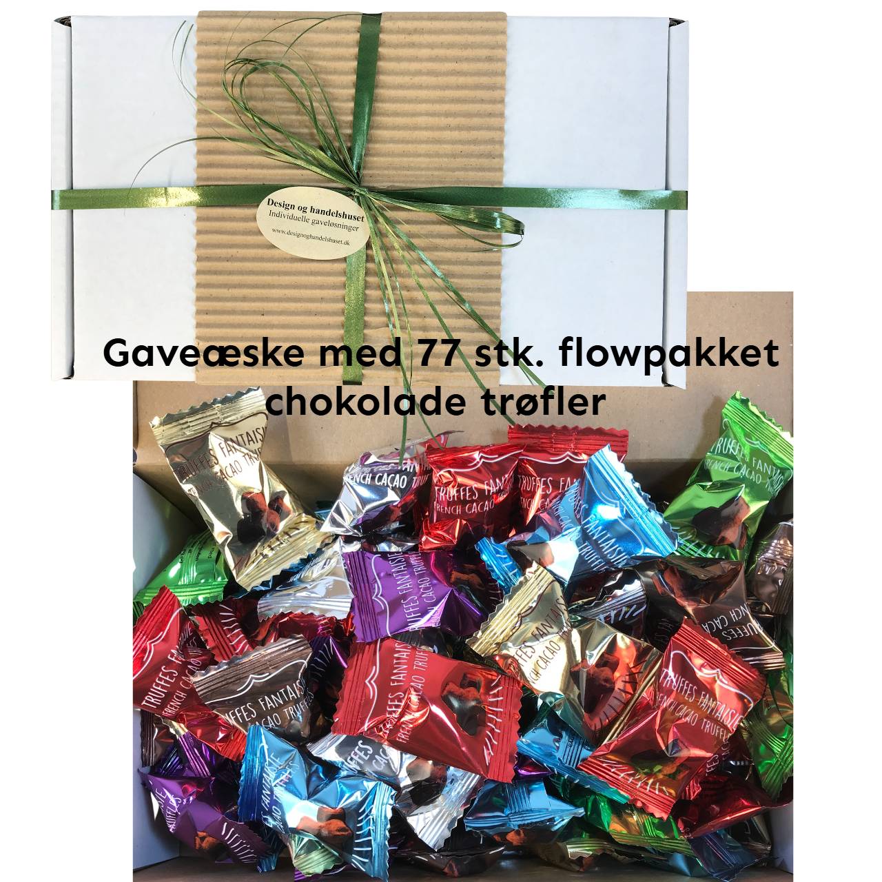 Gaveæske med chokolade trøfler 77 stk. Stor delbar gave til 250,-