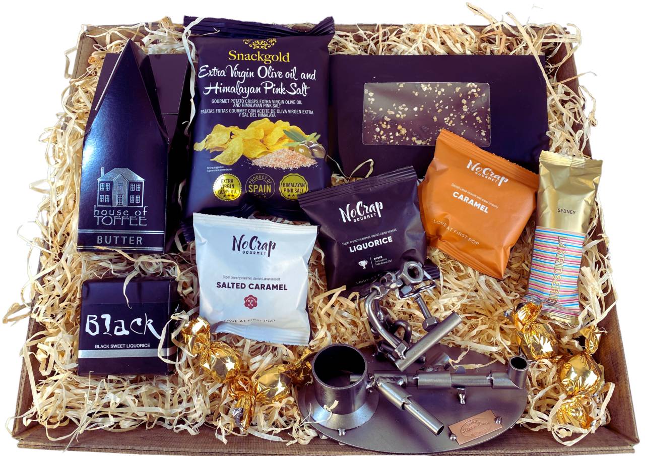 Metalfigur - Entreprenør - Kloakmester - Gavepakke med metalfigur og lækkerier