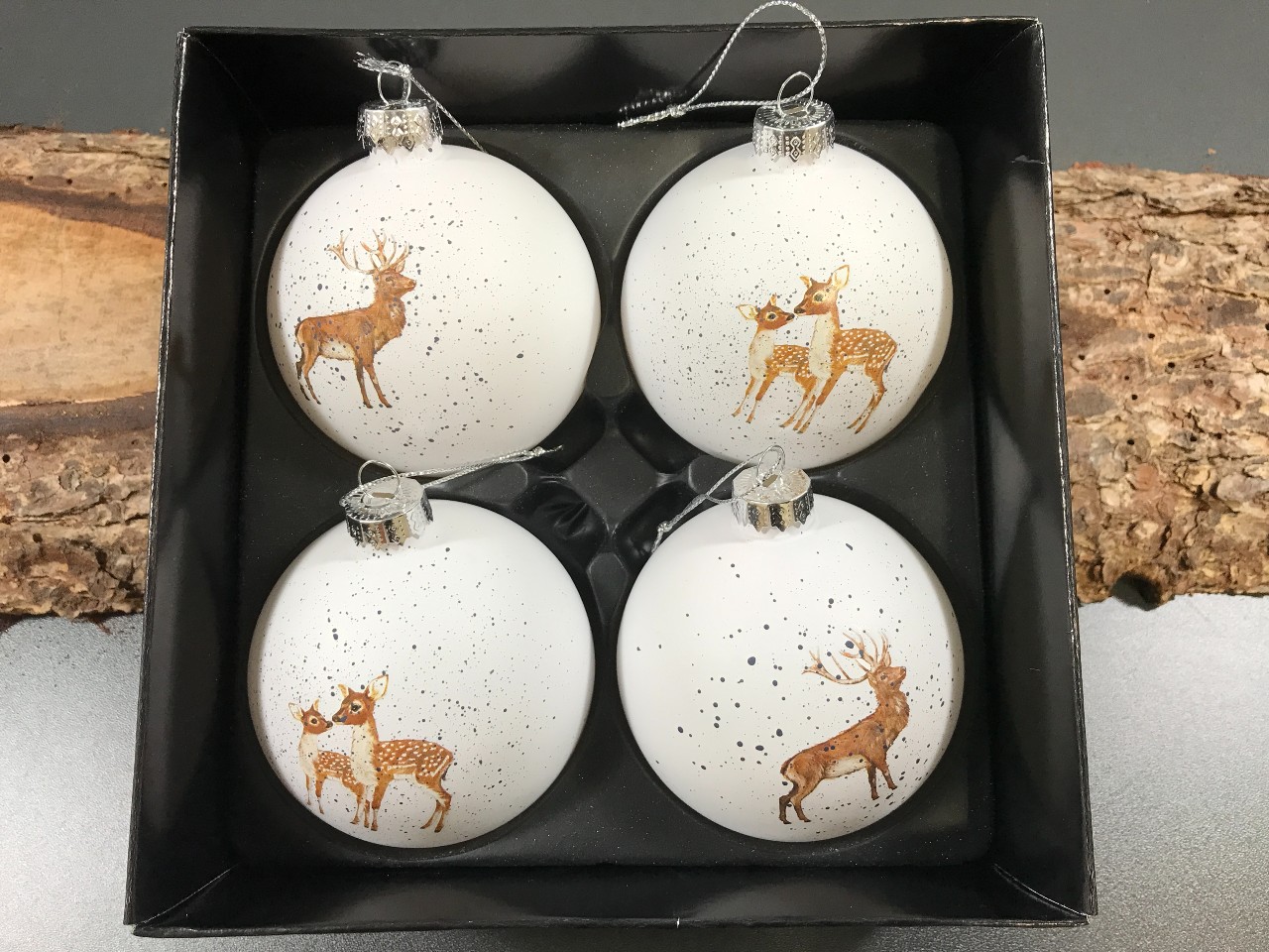 Julekugler - Glas kugler med vildt motiver - Æske med 4 stk.