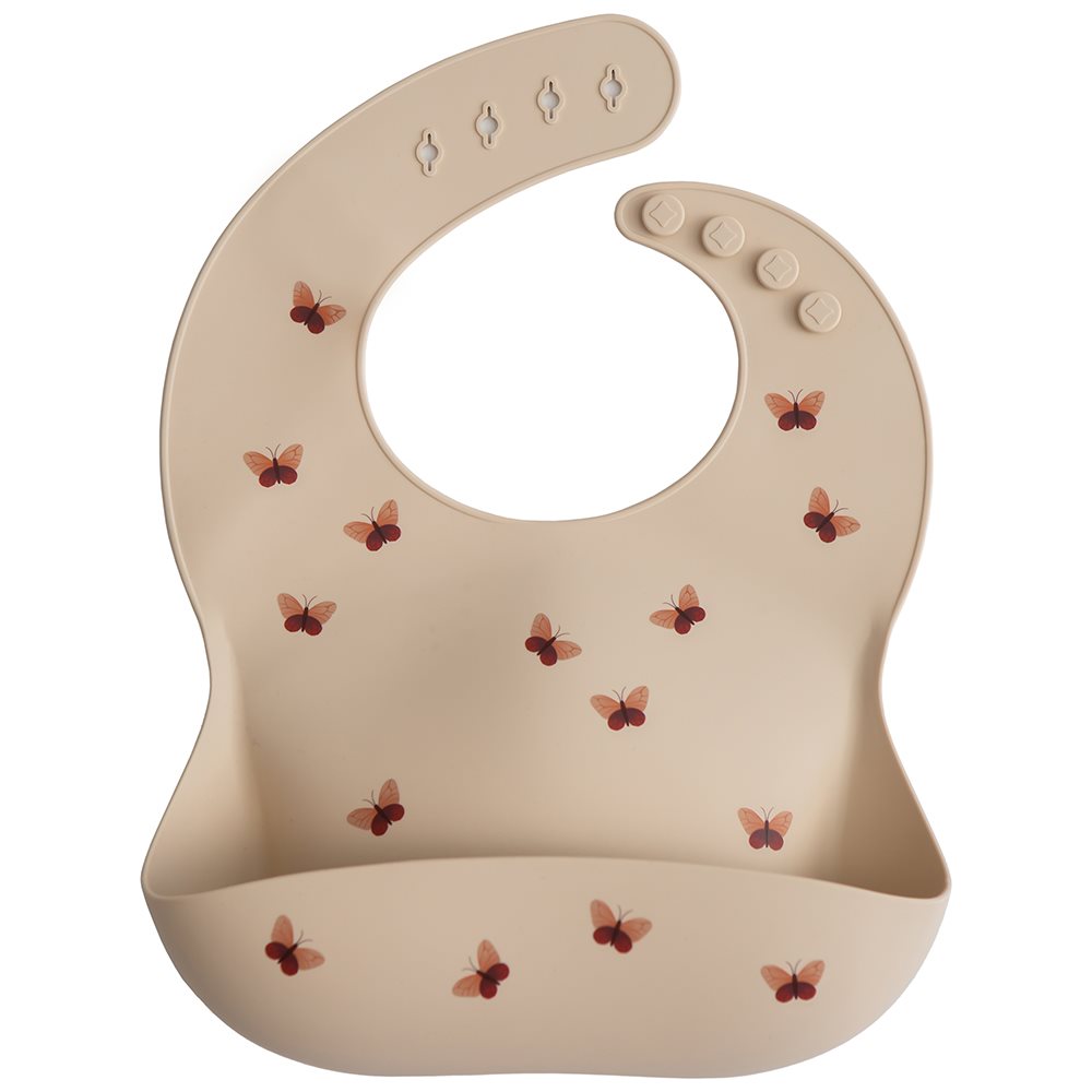 Mushie - Silikone Hagesmæk Med Opsamler - Beige Med Sommerfugle