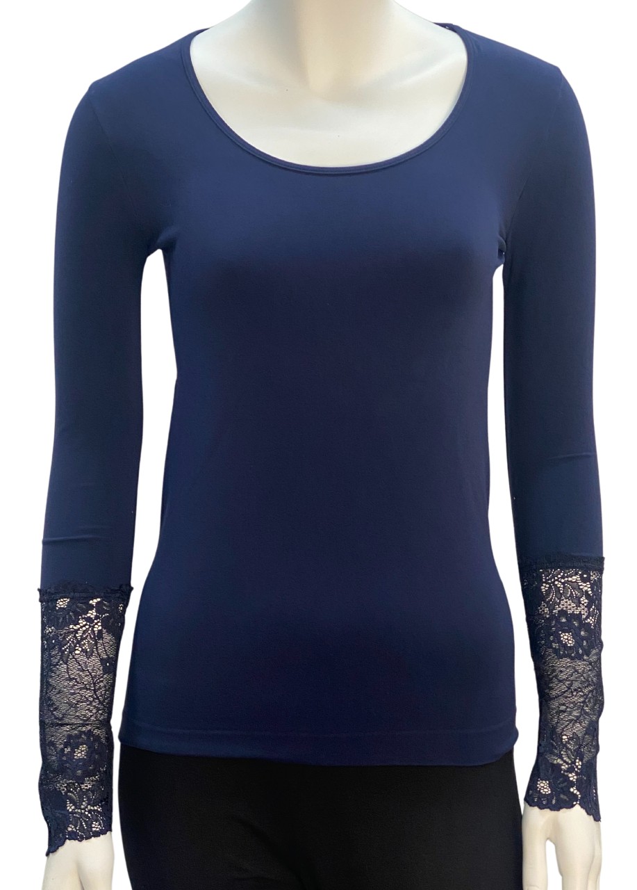Tim og Simonsen - Bluse med blonde på ærmerne - Navy S/M