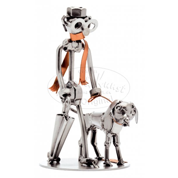Metalfigur - Mand gr tur med hund