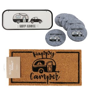 Camping s�t � Happy Camper � D�rm�tte, glasbrikker og metalskilt