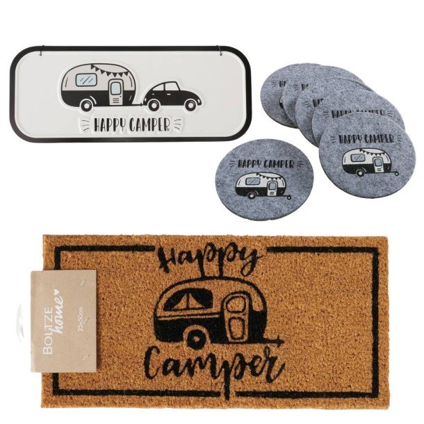 Camping s�t � Happy Camper � D�rm�tte, glasbrikker og metalskilt