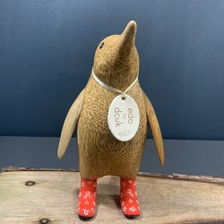 Dcuk - Tr Pingvin 22cm - Blomstrede Gummistvler - Rd - Kigger Ligeud 