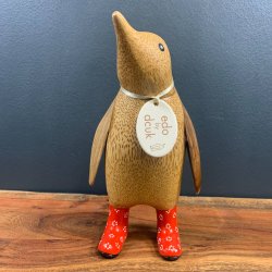 Dcuk - Tr Pingvin 22cm - Blomstrede Gummistvler - Rd - Kigger Til Venstre