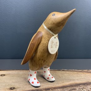 Dcuk - Tr Pingvin 22cm - Hjerte Gummistvler - Hvid og Rd - Kigger Ligeud