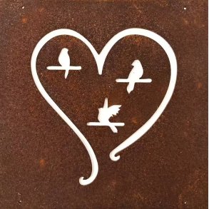 Dekoration til rionet � Hjerte med fugle i cortenst�l