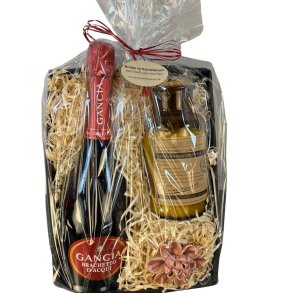 Gavekurv Wellness og hygge med Brachetto vin duftlys og keramikblomst