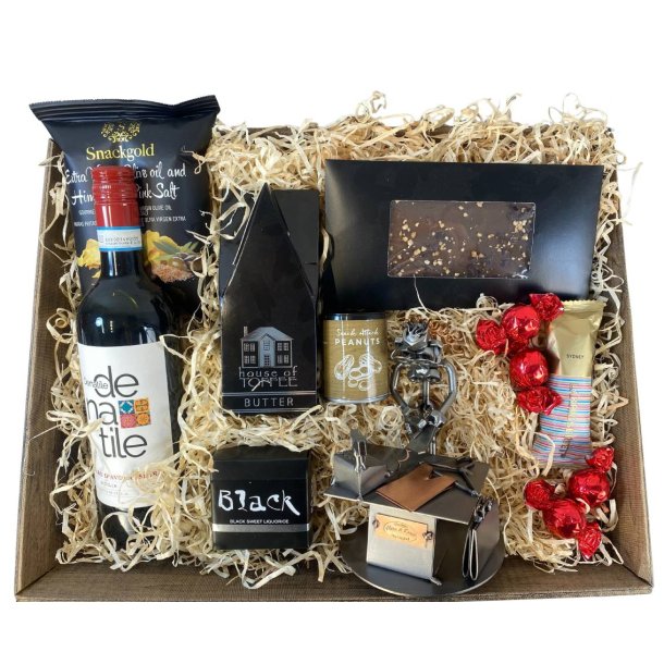 Gavekurv med metalfigur - Butiksassistent - Salgsassistent - Kvinde - Vin og hygge