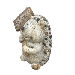 Havefigur pindsvin med velkommen skilt