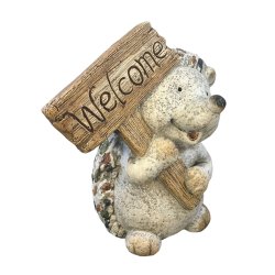 Havefigur pindsvin med velkommen skilt