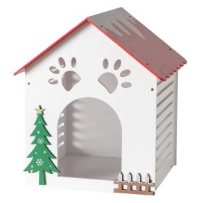Dekorativt julehundehus i cremehvid og r�d H48 cm