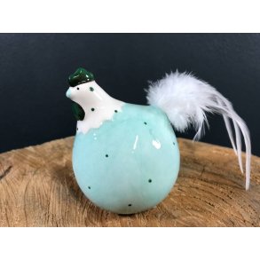 Keramik hane med fjer - Grn med prikker 