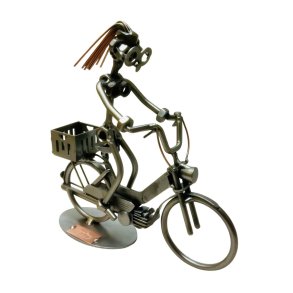 Metalfigur af kvinde p� klassisk Puch Maxi knallert 