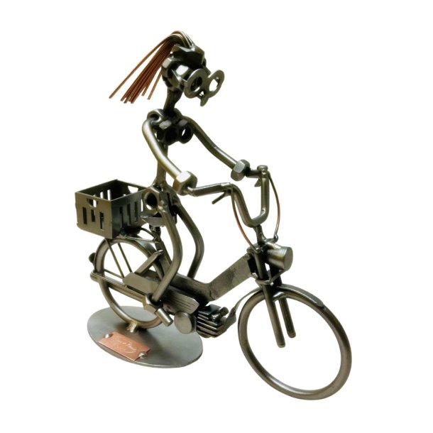 Metalfigur af kvinde p� klassisk Puch Maxi knallert 