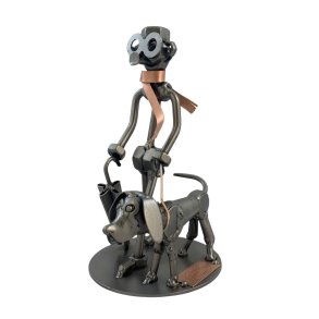 Metalfigur - Mand gr tur med hund
