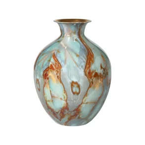 Metalvase med gr�n og brun marmorlignende emalje H26 cm