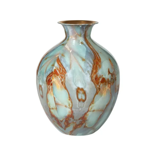 Metalvase med gr�n og brun marmorlignende emalje H26 cm