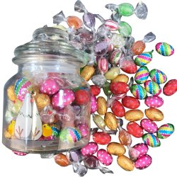 P�skekurv � P�skeglas med 62 stk. l�kkerier � 200 kr.