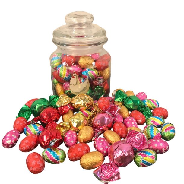 P�skekurv � P�skeglas med l�kkerier � 47 stk. chokolade