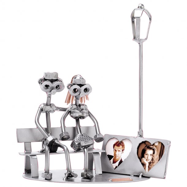 Metalfigur - Kærestepar på bænk med fotoramme