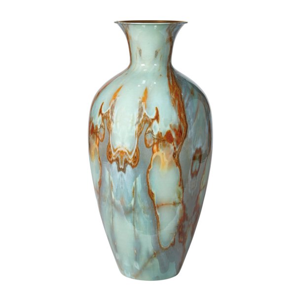 Stor metalvase med gr�n og brun marmorlignende emalje H43 cm