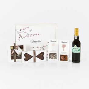 Eksklusiv Summerbird gave�ske med �kologisk chokolade, nougat, marcipanhjerter og Graham's portvin - en smuk julegave