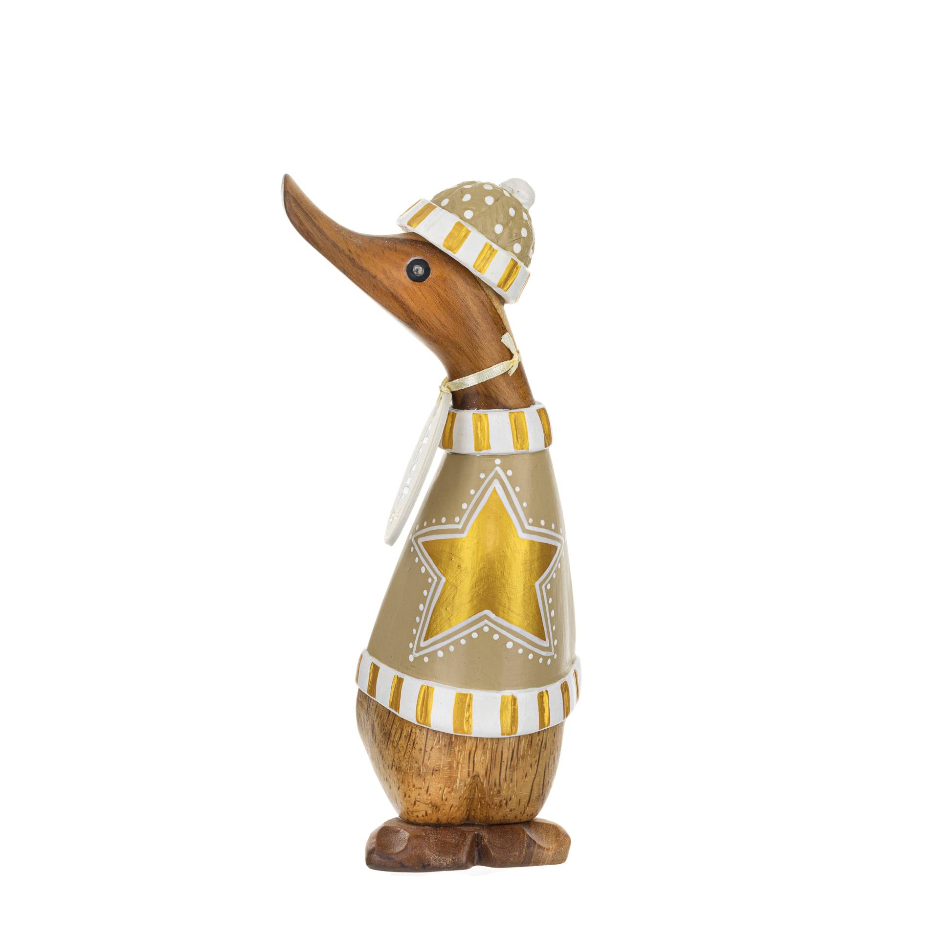 Dcuk juleand 18cm - i beige farver med guldstjerne og vinterhue